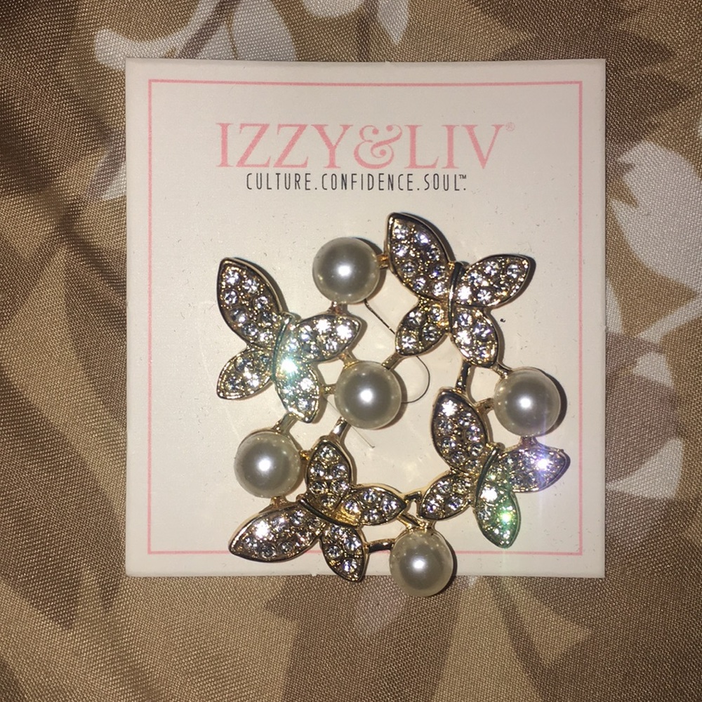 🆕‼️IZZY&LIV pin brooch pearl gold leaf rhinestone